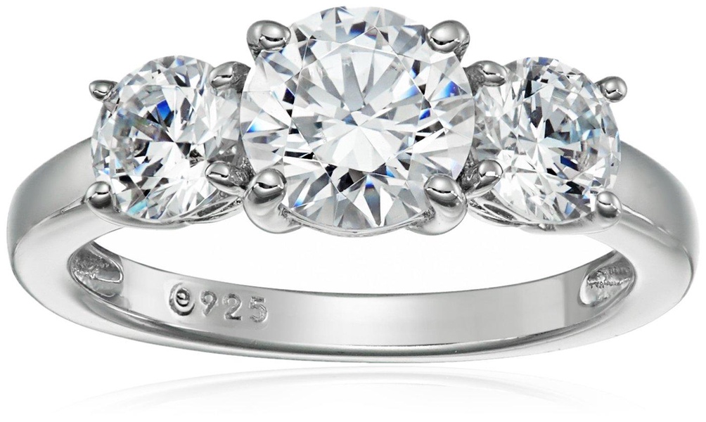 Amazon Essentials Platinum-Plated Sterling Silver Round 3-Stone Ring made with Infinite Elements Cubic Zirconia (2 cttw), Size 5, (previously Amazon Collection)