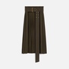 Green Wool Twill Belted Pleated Skirt