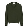 Green V-Neck Sweater with Ribbed Details