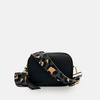 black leather crossbody bag with grey leopard strap