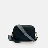 black leather crossbody bag with black & silver chevron strap