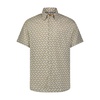 beige with teal with army green circle and black x marks short sleeve shirt