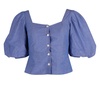 sandro mayan puffed sleeve shirred top in blue cotton