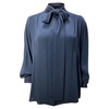 smocked crepe de chine tie neck blouse in navy blue polyester