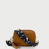 tan leather crossbody bag with navy leopard strap