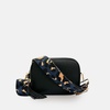 black leather crossbody bag with navy leopard strap