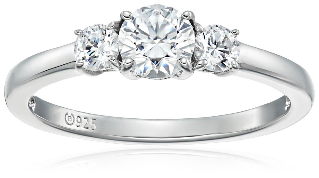 Amazon Essentials Platinum-Plated Sterling Silver Round 3-Stone Ring made with Infinite Elements Cubic Zirconia (1 cttw), Size 9, (previously Amazon Collection)