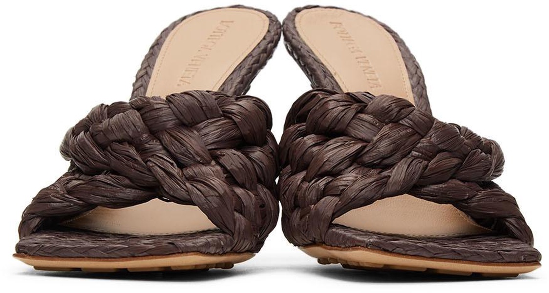 Brown Raffia Stretch Heeled Mules