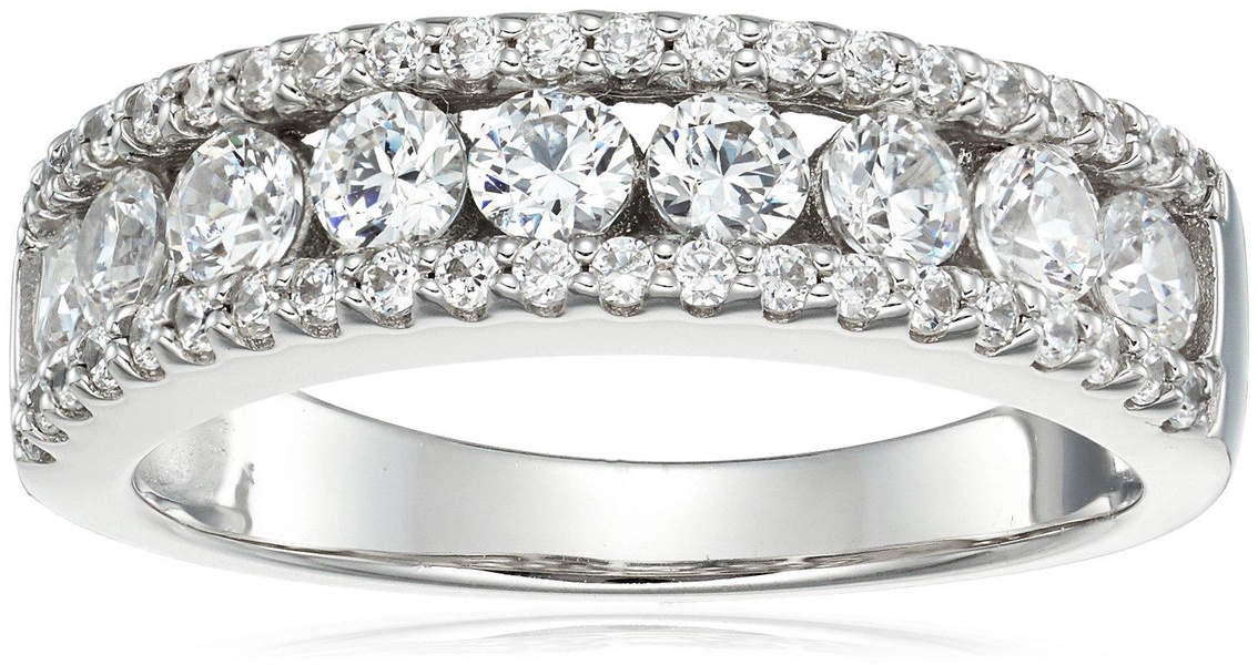 Amazon Essentials Platinum-Plated Sterling Silver Three Row Band Ring Set with Infinite Elements Zirconia, (previously Amazon Collection)