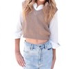 girls sweater vest long sleeve blouse in tan