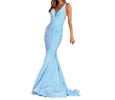 dazzling v-neck low open back panel dress in light blue