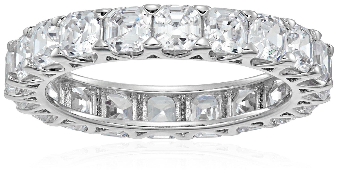 Amazon Essentials Platinum-Plated Sterling Silver Infinite Elements Cubic Zirconia Asscher-cut Eternity Band Ring, (previously Amazon Collection)