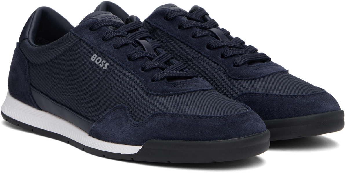 Navy Mixed-Material Lace-Up Sneakers