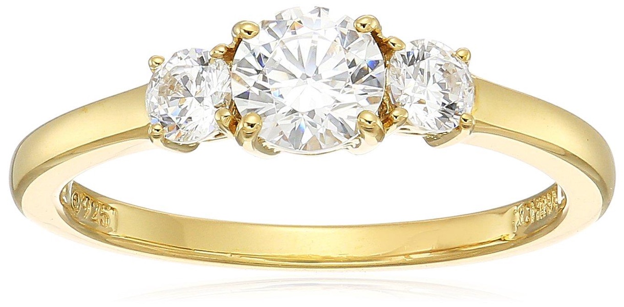 Amazon Essentials Yellow-Gold-Plated Sterling Silver Round 3-Stone Ring made with Infinite Elements Cubic Zirconia (1 cttw), Size 6, (previously Amazon Collection)