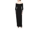 Long Matte Jersey Off the Shoulder Gown with Beaded Cuff Long Sleeves