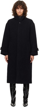 Navy Stand Collared Wool Coat
