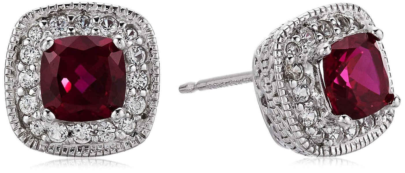 Amazon Essentials Sterling Silver Cushion Cut Birthstone and Created White Sapphire Halo Stud Earrings (previously Amazon Collection)