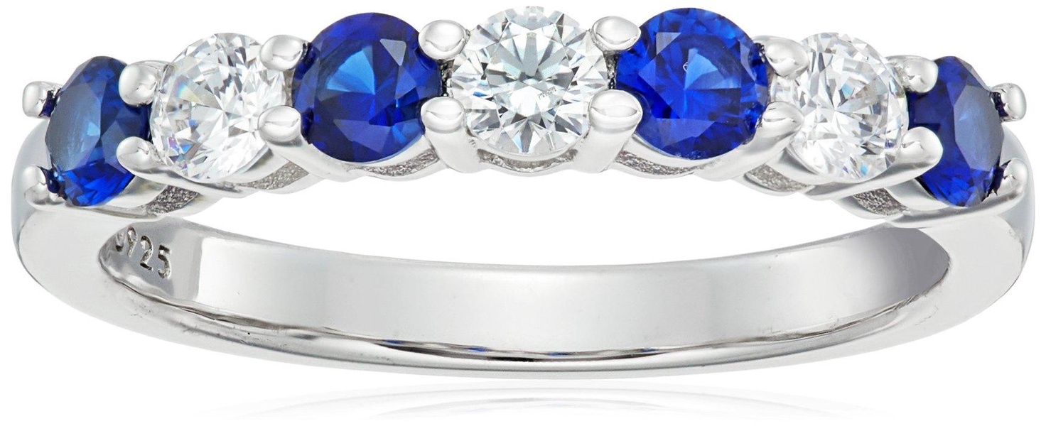 Amazon Essentials Platinum-Plated Sterling Silver Infinite Elements Cubic Zirconia 7-Stone Round-Cut and Created Sapphire Ring, (previously Amazon Collection)