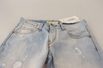 Acht Light Blue Distressed Cotton Folded Hem Denim Trouser Jeans