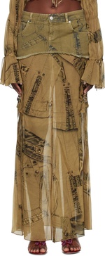 Khaki Cargo Denim Maxi Skirt