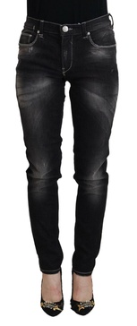 Black Washed Mid Waist Tapered Women Casual Denim Jeans
