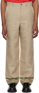 Beige Embroidered Trumpetflower Trousers