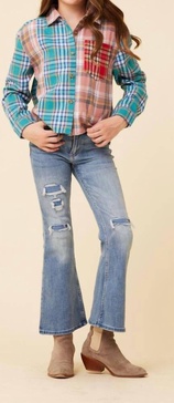 gir'ls plaid trim shirt in blue