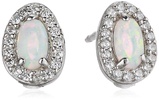 Amazon Essentials Rhodium Plated Sterling Silver Created Opal and Cubic Zirconia Halo Earrings, (previously Amazon Collection)