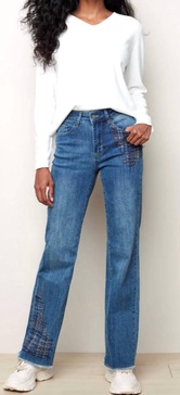 stitched frayed hem boot cut jeans in blue