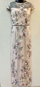 floral embroidered gown in nude multi
