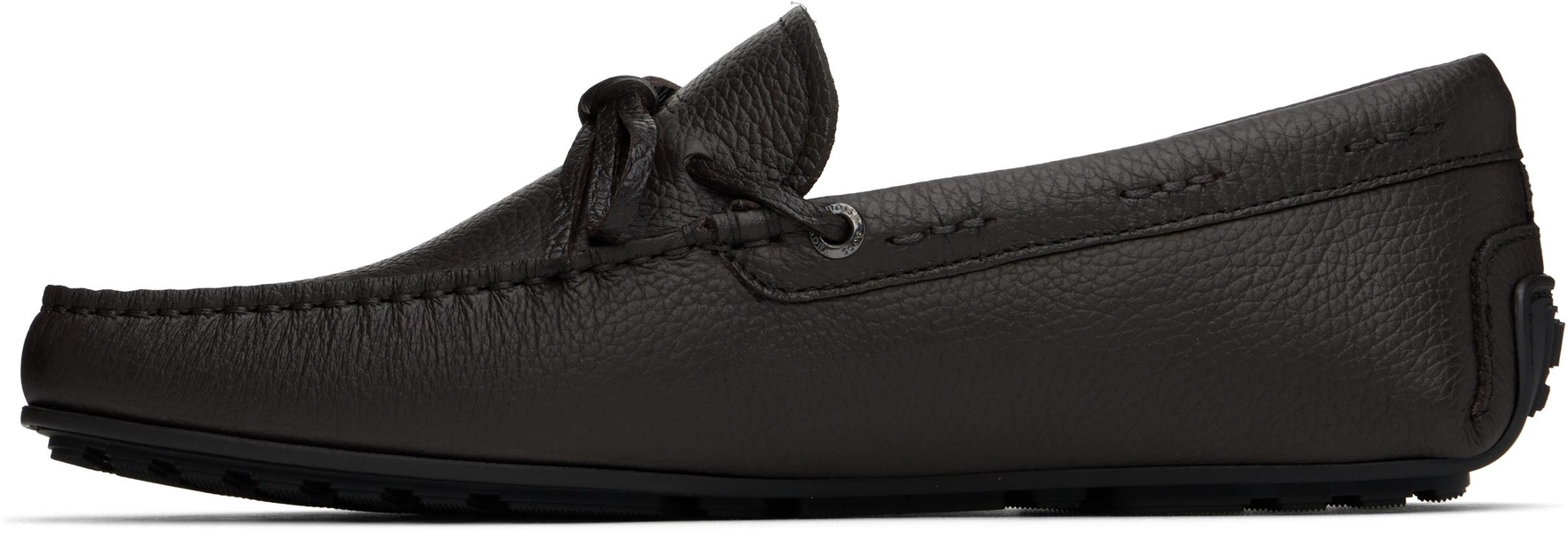 Brown Grained Leather Driver Sole Loafers