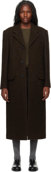 Brown 3 Button Boucle Wool Coat
