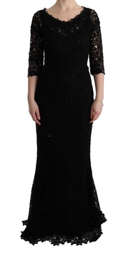 Dolce & Gabbana  Black Floral Ricamo Sheath Long Dress