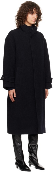 Navy Stand Collared Wool Coat
