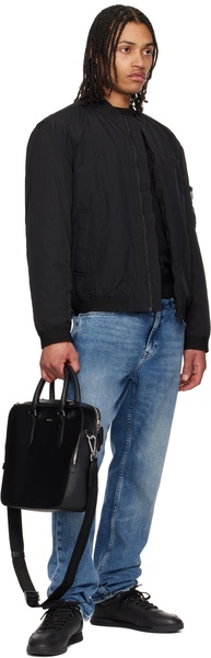 Black Structured Leather Logo Lettering Briefcase