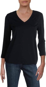 v neck lace trim blouse in black