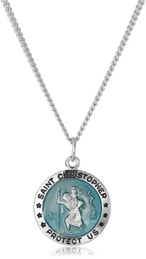 Amazon Essentials Men's Sterling Silver Round St. Christopher Pendant with Blue Background and Rhodium Plated Stainless Steel Chain, 20" (previously Amazon Collection)