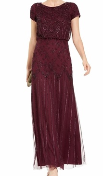 Adrianna Papell Women's Short Sleeve Bead Long Dress