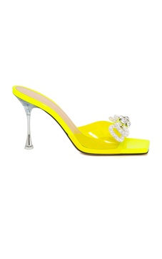 Double Bow Embellished Silver-Tone Heeled PVC Mules