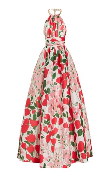 Chain-Detailed Floral Silk Gazar Gown