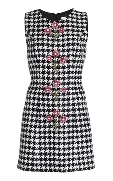 Embellished Houndstooth Linen-Blend Mini Dress