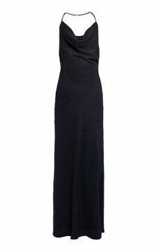 Crystal-Embellished Draped Satin Maxi Dress