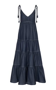 Caminhar Muito Tiered Tencel Chambray Maxi Dress