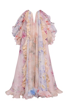 Crush Ruffled Off-The-Shoulder Linen-Silk Gown