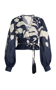 La Postale Belted Botanical Linen Balloon-Sleeve Top