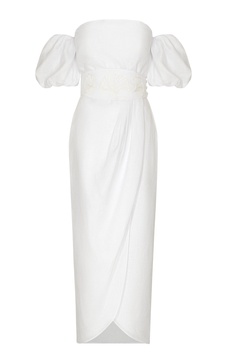 Una Historia Belted Linen Off-The-Shoulder Midi Dress
