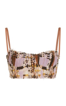 Yarie Shirred Plaid Linen Bra Top
