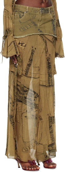 Khaki Cargo Denim Maxi Skirt