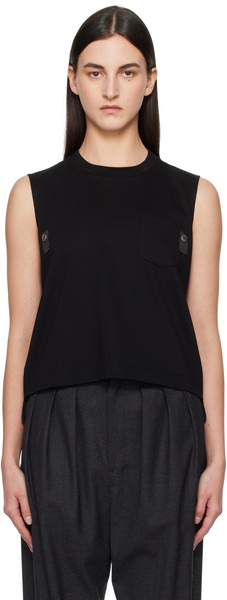 Black Nylon Twill Mix Cotton Jersey Tank Top