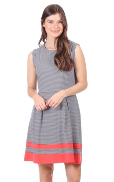 patricia dress in thin navy stripe with cayenne